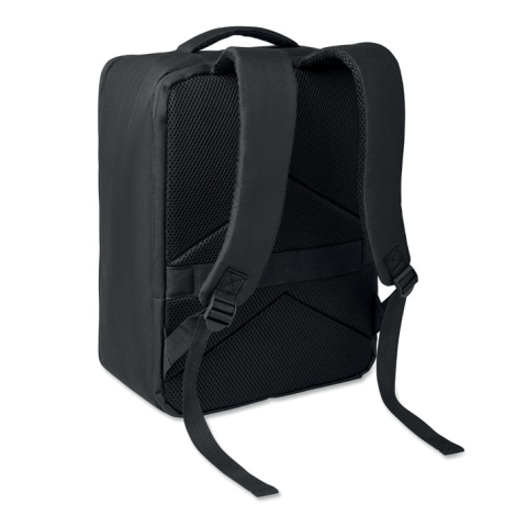 Vue arrière d’un sac à dos noir avec deux bretelles réglables, dos rembourré en filet et passant horizontal.