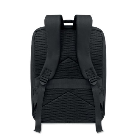 Vue arrière du sac à dos noir avec dos en filet rembourré, deux bretelles réglables et passant horizontal pour bagage.