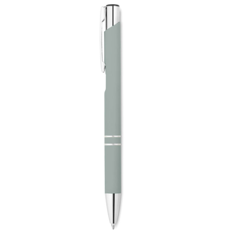 Vue de face d’un stylo vert clair à corps lisse, clip, bouton-poussoir et pointe métalliques argentés.