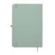 Vue de dos d’un carnet A5 vert clair fermé avec fermeture élastique, passant pour stylo latéral et ruban marque-page, avec un mo Vue de dos d’un carnet A5 vert clair fermé avec fermeture élastique, passant pour stylo latéral et ruban marque-page, avec un mo