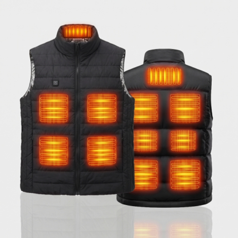 Présentation de face et de dos du gilet chauffant noir sans manches, avec représentation lumineuse orange des zones chauffantes 