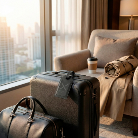 Étiquette de bagage noire accrochée à une valise dans une chambre d'hôtel.