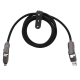 Câble de recharge multiconnecteur noir enroulé avec embouts gris et attache de rangement à pression. Câble de recharge multiconnecteur noir enroulé avec embouts gris et attache de rangement à pression.