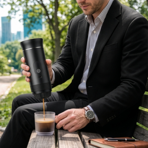 Homme en costume utilisant une machine à expresso portable noire pour préparer un café sur un banc dans un parc.