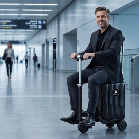 Un homme en costume sombre est assis sur une valise-trottinette noire dans un terminal d'aéroport, les mains sur le guidon en T 
