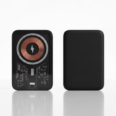 Vue de face des deux côtés d'une batterie externe magnétique rectangulaire noire, présentant une bobine de recharge cuivrée ento