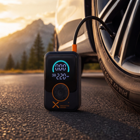 Mini-compresseur électrique noir posé sur une route près d'une roue de voiture, avec flexible raccordé à la valve du pneu, écran