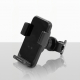 Vue de trois quarts d'un support de smartphone noir pour grille d'aération de voiture, incliné en position verticale, avec bras Vue de trois quarts d'un support de smartphone noir pour grille d'aération de voiture, incliné en position verticale, avec bras