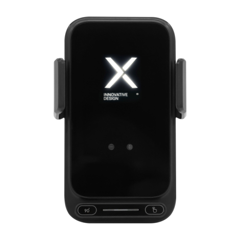 Vue de face d'un support de smartphone pour voiture noir, avec surface rectangulaire brillante aux angles arrondis, deux bras de