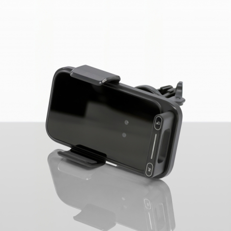 Support de smartphone pour voiture noir présenté en position horizontale, avec surface brillante, bras de maintien supérieur et 