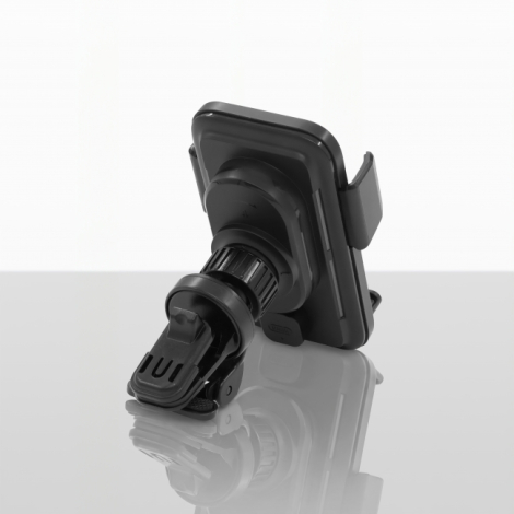 Vue arrière de trois quarts d'un support de smartphone noir pour voiture, montrant son système de fixation à pince pour grille d