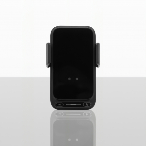Vue de face d'un support de smartphone noir pour voiture, avec panneau central brillant sans personnalisation, deux bras latérau
