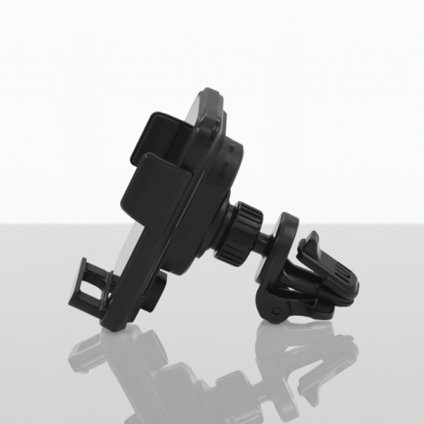 Vue de profil d'un support de smartphone noir pour voiture, avec bras de maintien latéraux, base inférieure, rotule réglable, ba