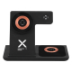 Vue de face d'une station de recharge sans fil 3-en-1 noire, avec support vertical pour smartphone, emplacement pour montre conn Vue de face d'une station de recharge sans fil 3-en-1 noire, avec support vertical pour smartphone, emplacement pour montre conn