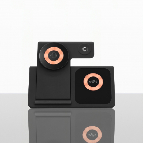 Station de recharge sans fil 3-en-1 noire vue de face, sans personnalisation, avec support vertical pour téléphone, chargeur de 