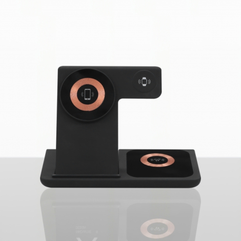 Vue de face d'une station de recharge sans fil 3-en-1 noire, avec support pour smartphone, bras supérieur pour montre connectée 