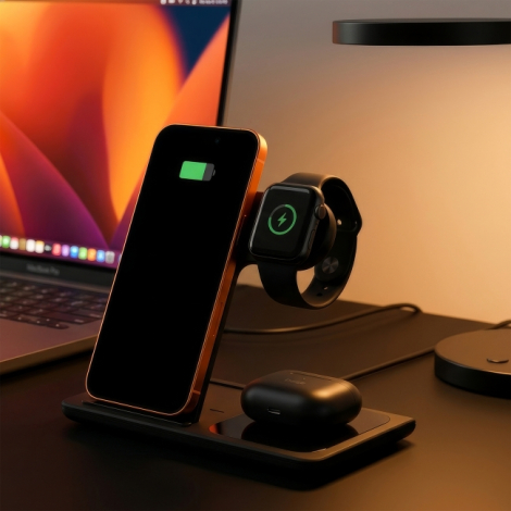 Station de recharge sans fil 3-en-1 noire installée sur un bureau, avec smartphone posé verticalement, montre connectée sur son 