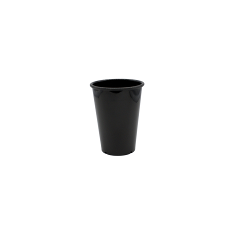 Vue de face d'un gobelet réutilisable noir opaque, de forme légèrement conique avec une base étroite, un bord supérieur arrondi 