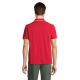 Vue de dos d'un polo rouge porté par un mannequin homme, avec manches courtes, dos uni et fines rayures blanches visibles sur le