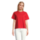 Vue de face d'un t-shirt femme rouge uni à manches courtes, porté par un mannequin femme. Il présente un col rond avec bord-côte Vue de face d'un t-shirt femme rouge uni à manches courtes, porté par un mannequin femme. Il présente un col rond avec bord-côte