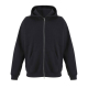 Vue de face d'un sweat zippé noir à capuche, avec épaules tombantes, manches longues, fermeture à glissière argentée à double cu