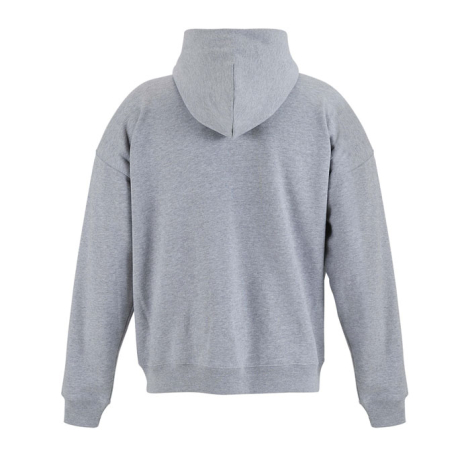 Sweat à capuche gris chiné vu de dos, avec coupe large, épaules tombantes, manches longues et finitions côtelées aux poignets et
