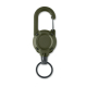Porte-badge rétractable vert kaki présenté de face, avec mousqueton à ouverture latérale, boîtier circulaire à quatre vis appare