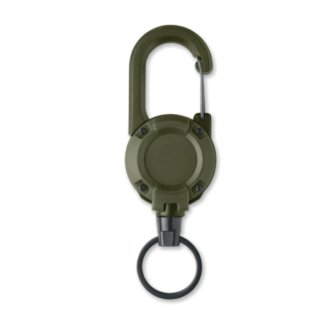 Porte-badge rétractable vert kaki présenté de face, avec mousqueton à ouverture latérale, boîtier circulaire à quatre vis appare