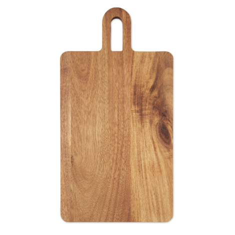 Vue de dessus de la planche à découper en acacia, montrant sa surface aux nuances de brun clair et foncé et sa poignée intégrée 