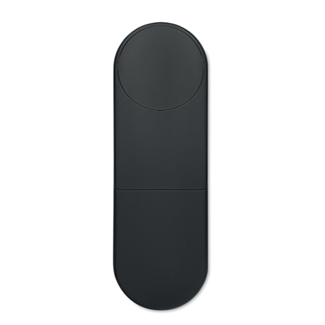 Vue de dessus de la station de recharge 3-en-1 noire entièrement repliée, de forme allongée aux extrémités arrondies, avec une s