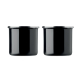 Vue rapprochée de deux mugs en métal émaillé noir brillant, présentés côte à côte avec leurs bordures argentées, les anses étant Vue rapprochée de deux mugs en métal émaillé noir brillant, présentés côte à côte avec leurs bordures argentées, les anses étant