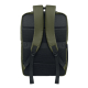 Vue arrière du sac à dos vert kaki avec dos rembourré en maille noire, deux bretelles matelassées réglables et bande horizontale