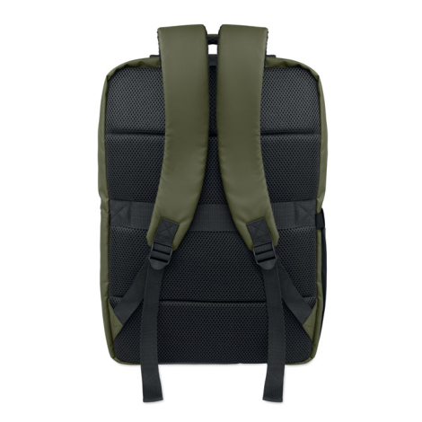 Vue arrière du sac à dos vert kaki avec dos rembourré en maille noire, deux bretelles matelassées réglables et bande horizontale