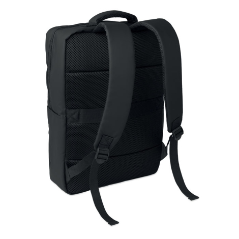 Vue arrière de trois quarts du sac à dos noir, mettant en évidence le dos matelassé en maille respirante, les deux bretelles rem