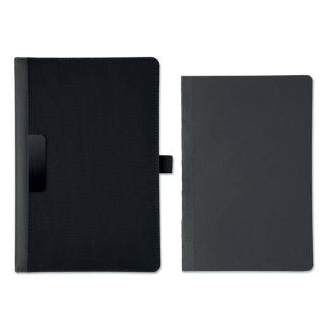 Vue de face du conférencier A5 noir fermé, accompagné de son bloc-notes amovible à couverture gris foncé, présenté séparément.