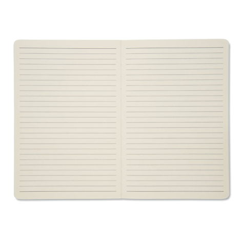Bloc-notes ouvert à plat sur deux pages beige clair lignées, avec coins arrondis et lignes horizontales grises.