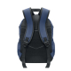 Vue arrière d'un sac à dos bleu marine avec dos en filet noir rembourré, deux bretelles réglables assorties et poignée de transp Vue arrière d'un sac à dos bleu marine avec dos en filet noir rembourré, deux bretelles réglables assorties et poignée de transp