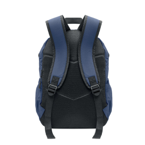 Vue arrière d'un sac à dos bleu marine avec dos en filet noir rembourré, deux bretelles réglables assorties et poignée de transp