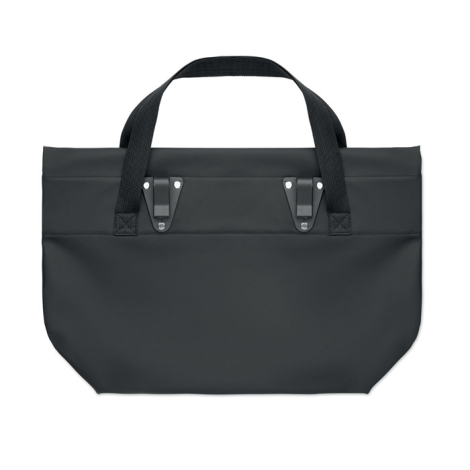Vue arrière du sac shopping noir montrant deux crochets de fixation en plastique placés entre les attaches des anses, sur la par