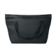 Vue de face du sac shopping noir à plat, avec ses deux anses rabattues sur le devant et sa fermeture zippée horizontale située s