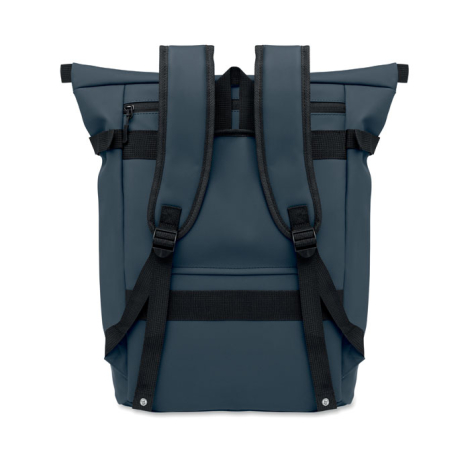Vue arrière d'un sac à dos bleu foncé avec deux bretelles rembourrées réglables, une poche zippée horizontale dans la partie hau