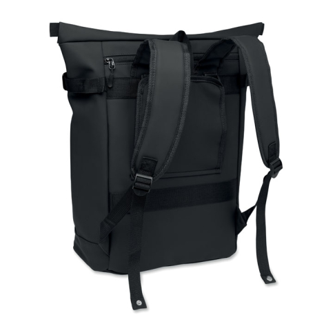Vue arrière de trois quarts du sac à dos noir montrant ses bretelles rembourrées réglables, sa poche zippée supérieure et sa ban