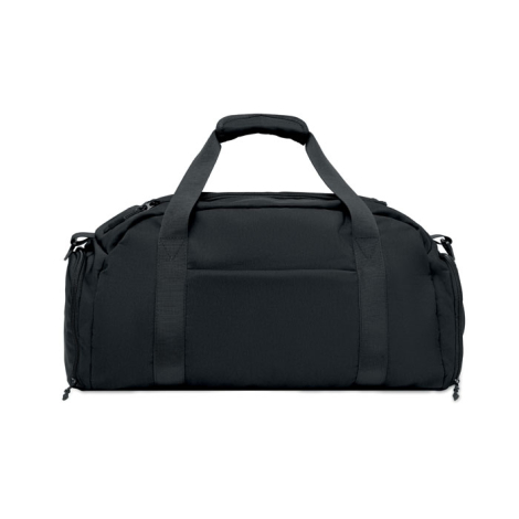 Vue de face du sac de sport noir avec deux grandes poignées, une poche frontale et des compartiments zippés aux extrémités.