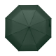 Vue de dessus d'un parapluie vert foncé entièrement déployé, avec une toile composée de huit panneaux triangulaires et une point