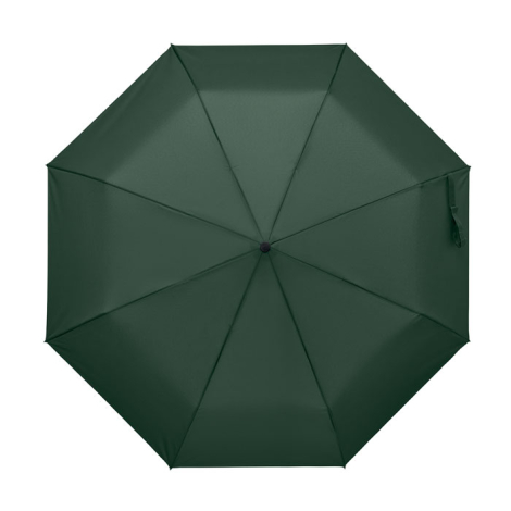 Vue de dessus d'un parapluie vert foncé entièrement déployé, avec une toile composée de huit panneaux triangulaires et une point