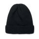 Vue arrière d'un bonnet noir en maille tricotée, avec des coutures convergeant vers le sommet et un large revers côtelé.