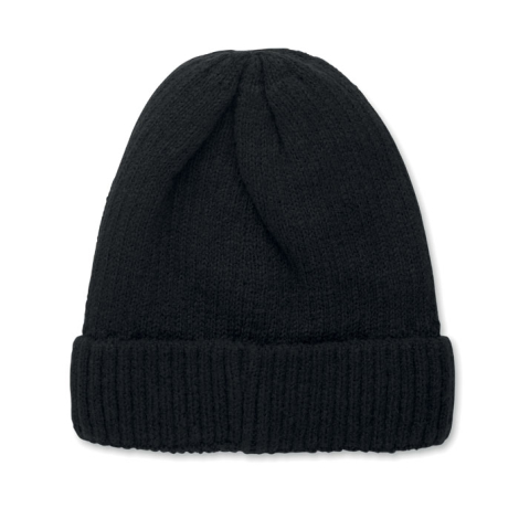 Vue arrière d'un bonnet noir en maille tricotée, avec des coutures convergeant vers le sommet et un large revers côtelé.