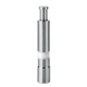 Moulin cylindrique en acier inoxydable argenté, avec un réservoir transparent rempli de gros cristaux de sel blanc et un bouton Moulin cylindrique en acier inoxydable argenté, avec un réservoir transparent rempli de gros cristaux de sel blanc et un bouton