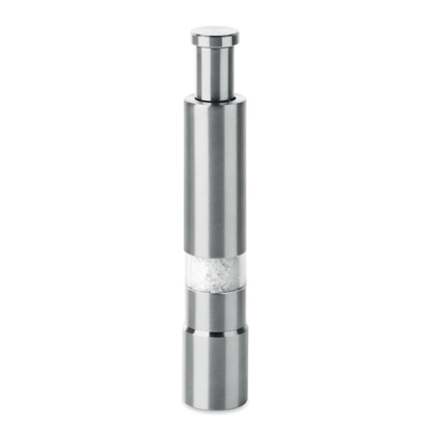 Moulin cylindrique en acier inoxydable argenté, avec un réservoir transparent rempli de gros cristaux de sel blanc et un bouton 
