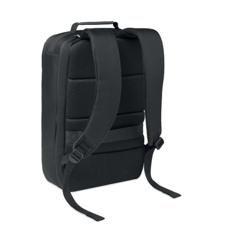 Vue arrière d'un sac à dos noir avec deux bretelles réglables et rembourrées, un dos en maille respirante et une sangle horizont